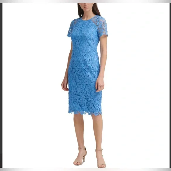 Eliza J Floral Lace Short Sleeve Sheath Dress in Per at Nordstrom Rack, Size 16